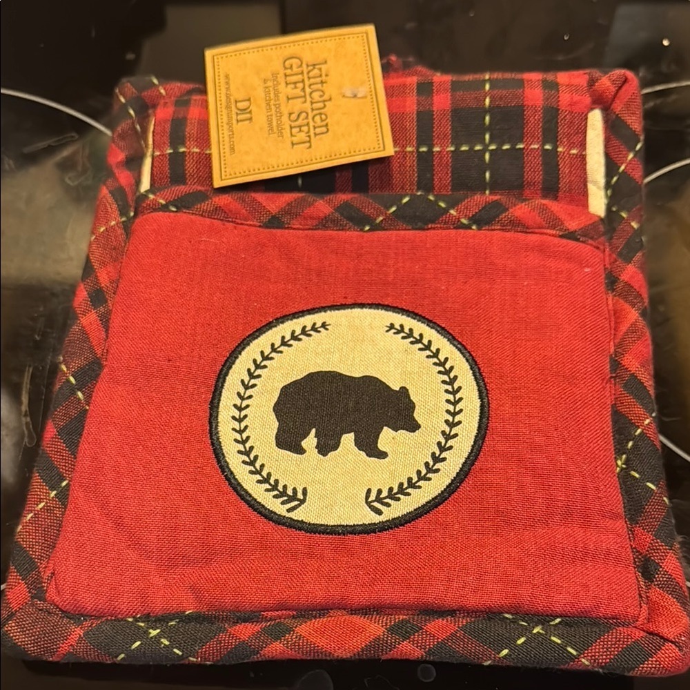 Red and Black Plaid Bear Kitchen Gift Set - potholder and kitchen towel